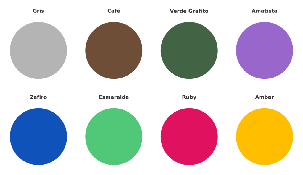 Colores disponibles de los lentes Transitions GEN S: Gris, Café, Verde Grafito, Amatista, Zafiro, Esmeralda, Ruby y Ámbar.