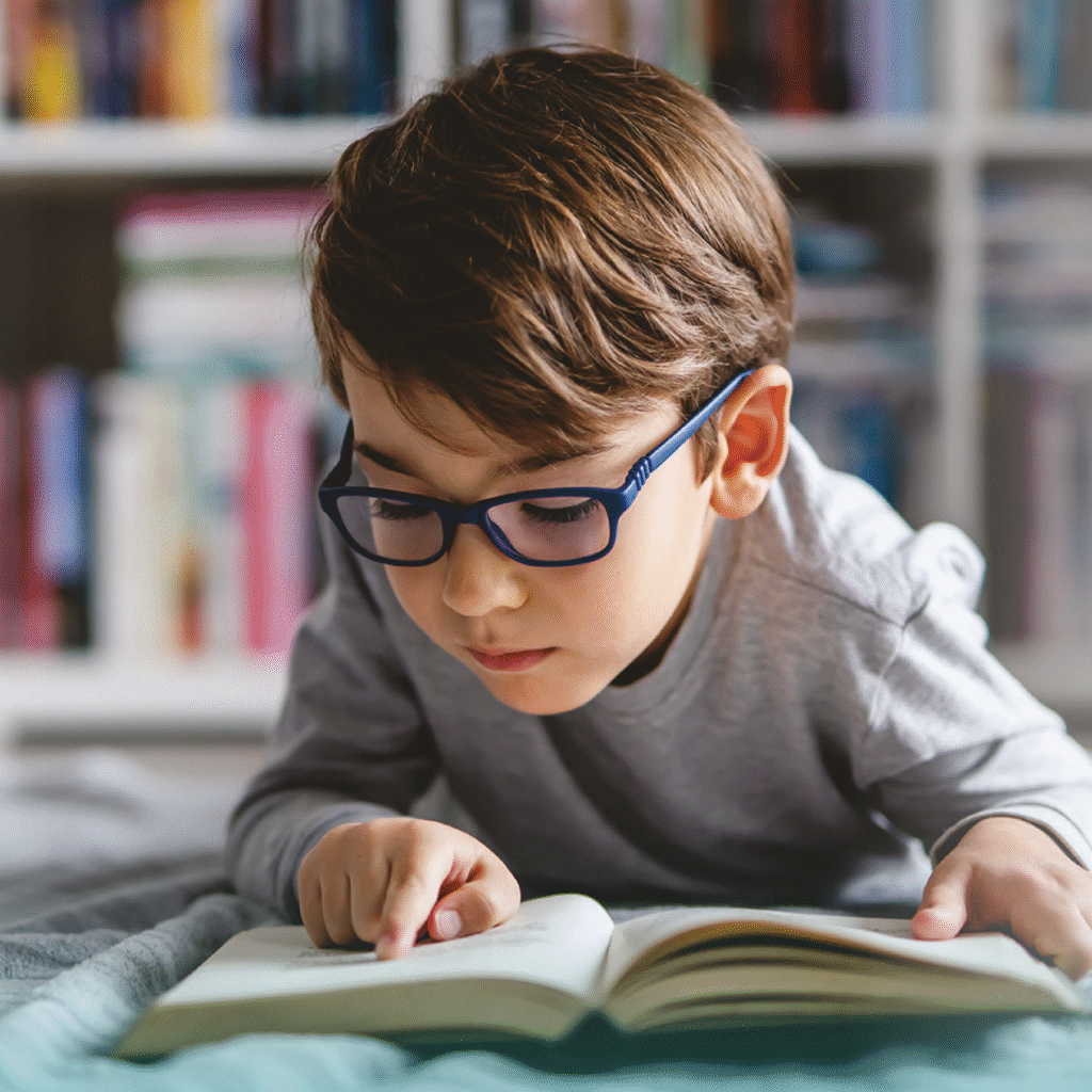 Niño leyendo un libro de muy cerca, con lentes MyoFix para control de miopía infantil